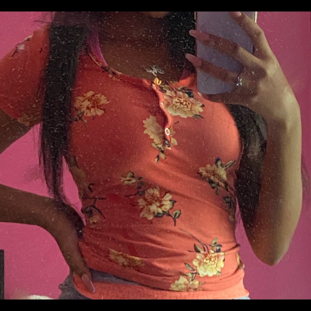 Mango Orange Fitted Shirt With Flowers